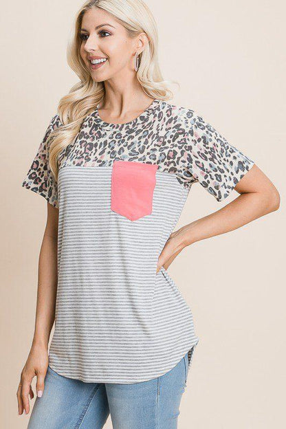 Leopard and Pintstripe Top - Southern Sassy Boutique