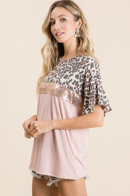 Leopard Print Top with Sequins - Southern Sassy Boutique