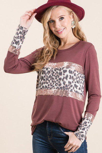 Leopard Print And Sequins Top - Southern Sassy Boutique