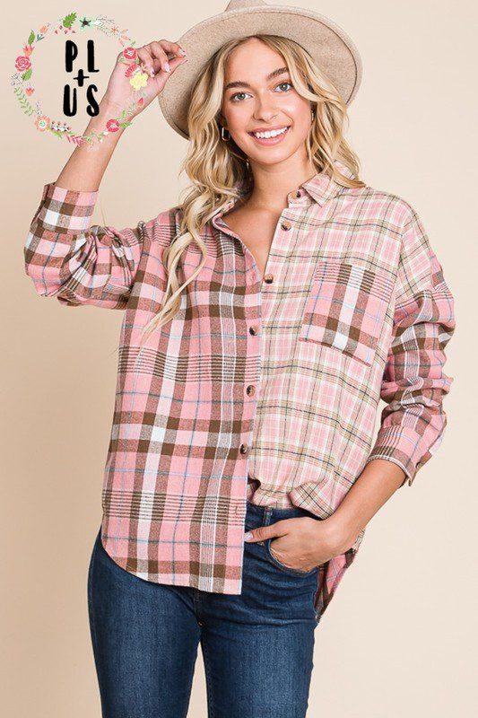 Image: Flannel And Checkered Top Pink | Southern Sassy Boutique