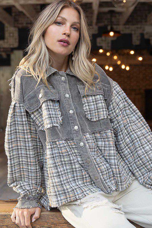Image: Twill And Tweed Balloon Sleeve Shacket Charcoal | Southern Sassy Boutique