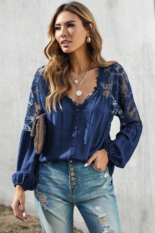 Image: Lace Patchwork Blouse Blue | Southern Sassy Boutique