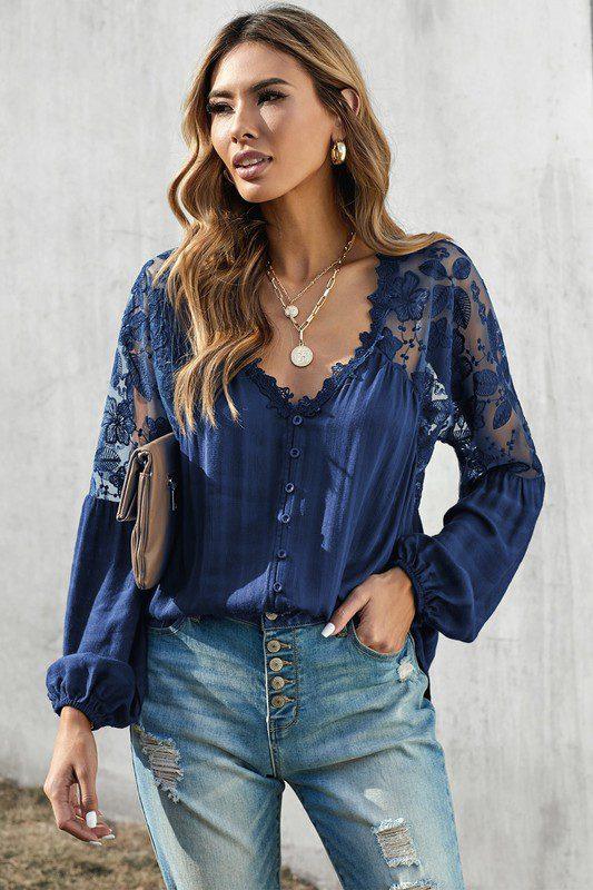 Image: Lace Patchwork Blouse Blue | Southern Sassy Boutique