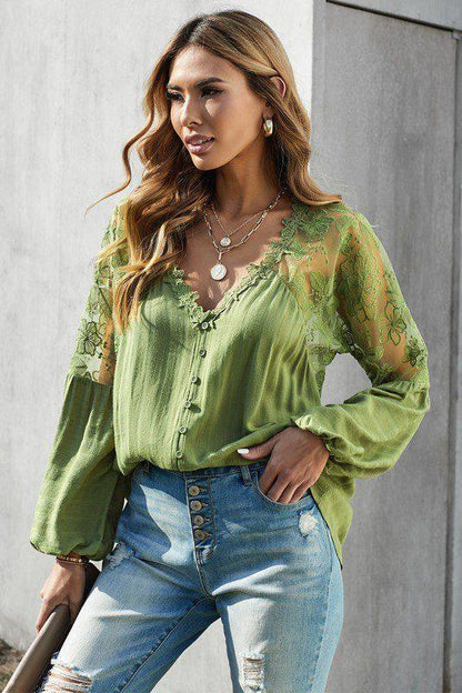 Image: Lace Patchwork Blouse Green | Southern Sassy Boutique