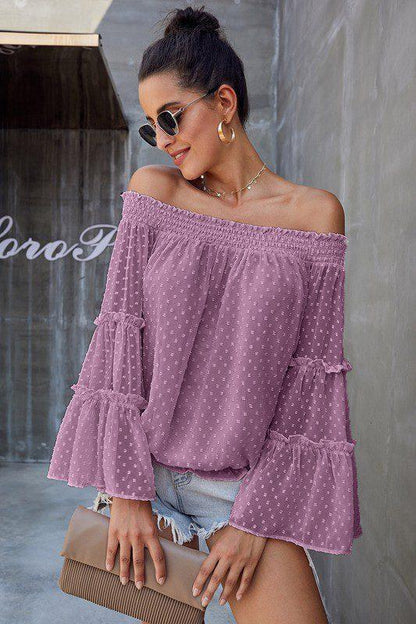 Image: Off Shoulder Ruffle Sleeve Blouse Mauve | Southern Sassy Boutique