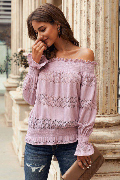 Image: Off Shoulder Lace Blouse Pink | Southern Sassy Boutique