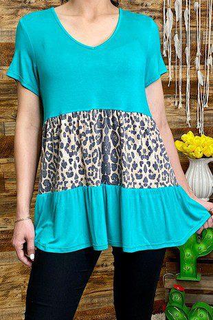 Image: Leopard Print Babydoll Top Turquoise | Southern Sassy Boutique