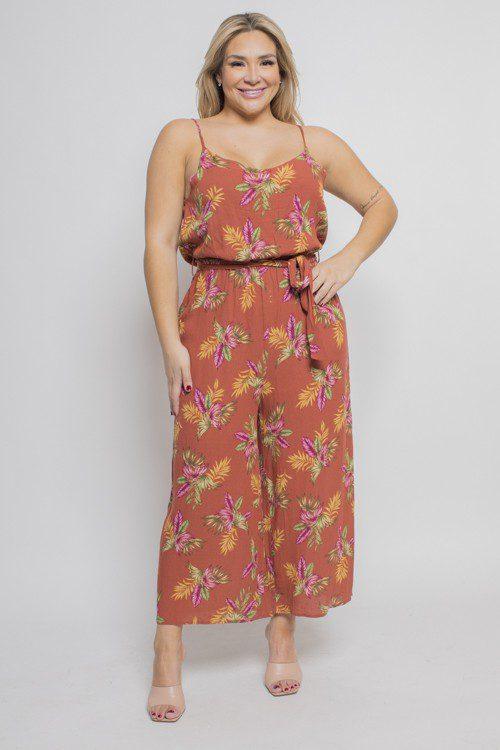 Image: Tropical Print V-Neck Jumpsuit Rust | Southern Sassy Boutique