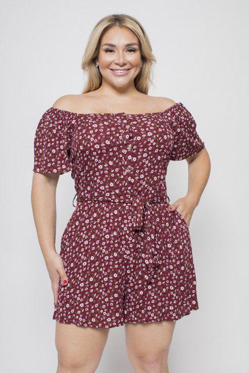 Image: Floral Romper With Ruffle Sleeves Burgundy | Southern Sassy Boutique
