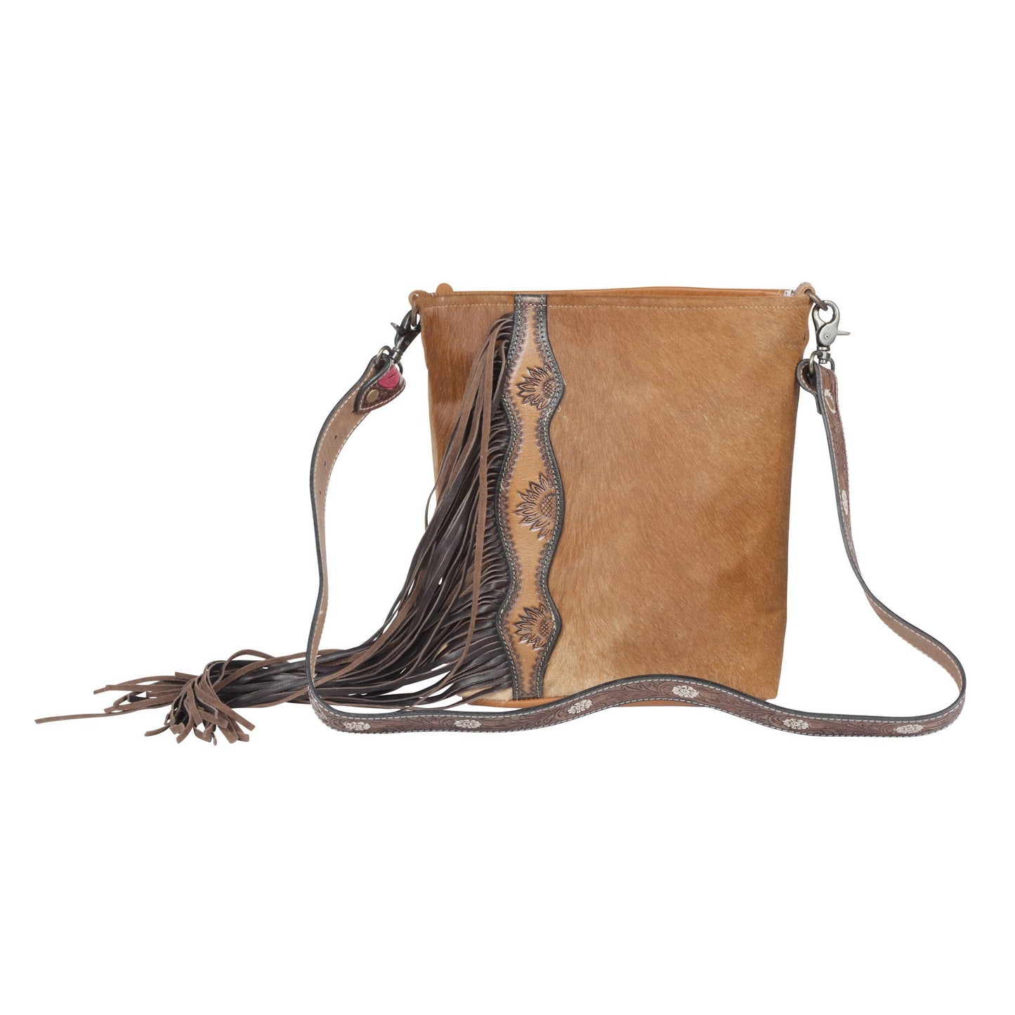 Myra Bag Cappuccino Hand Tooled and Cowhide Crossbody Bag