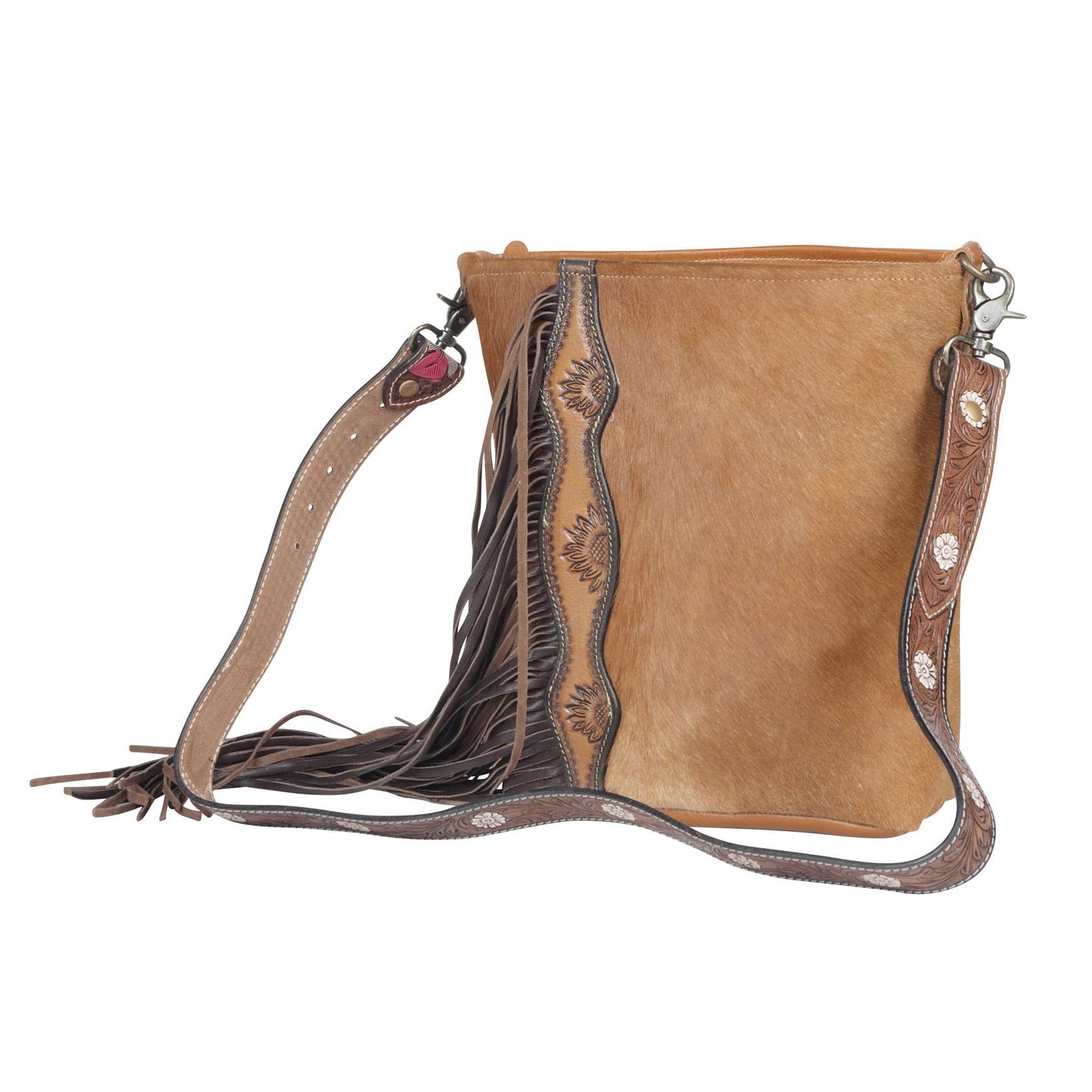 Myra Bag Cappuccino Hand Tooled and Cowhide Crossbody Bag