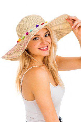 Image: Floppy Hat with Pom Poms Beige | Southern Sassy Boutique